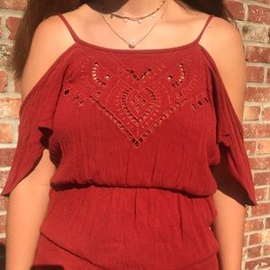 Off the shoulder, burgundy, light top!
